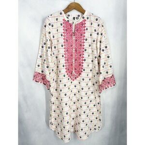Beechtree Indian Bohemian White Pink Embroidered Tunic Top Womens Size 14